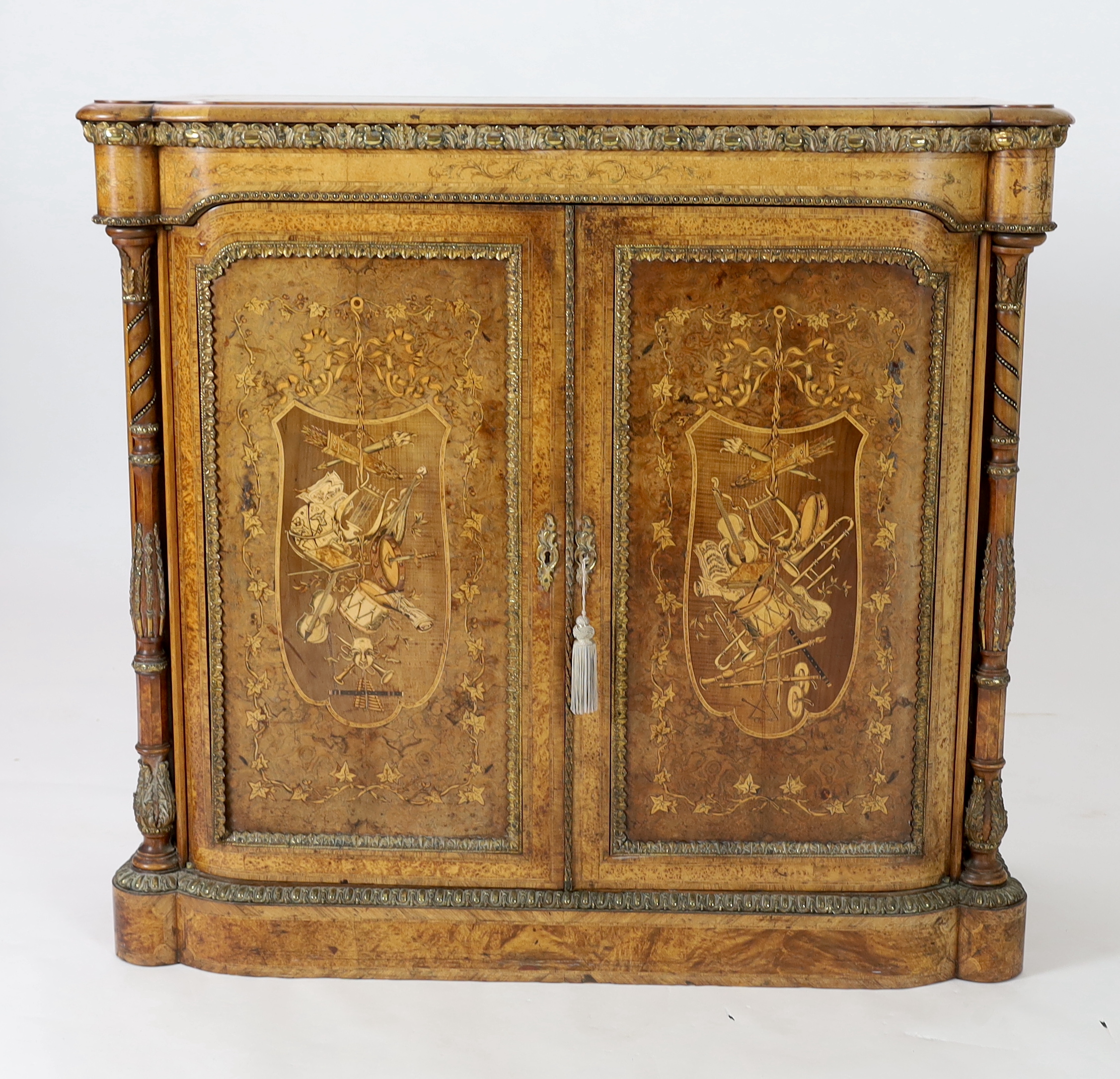 A Victorian marquetry inlaid burr walnut side cabinet 112cm wide, 48cm deep, 104cm high